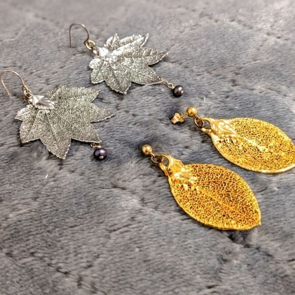Vintage 80s Silver-plated/Gold Filled Leaf Motif Earrings Made from Real Leaves - Picture 4 of 16